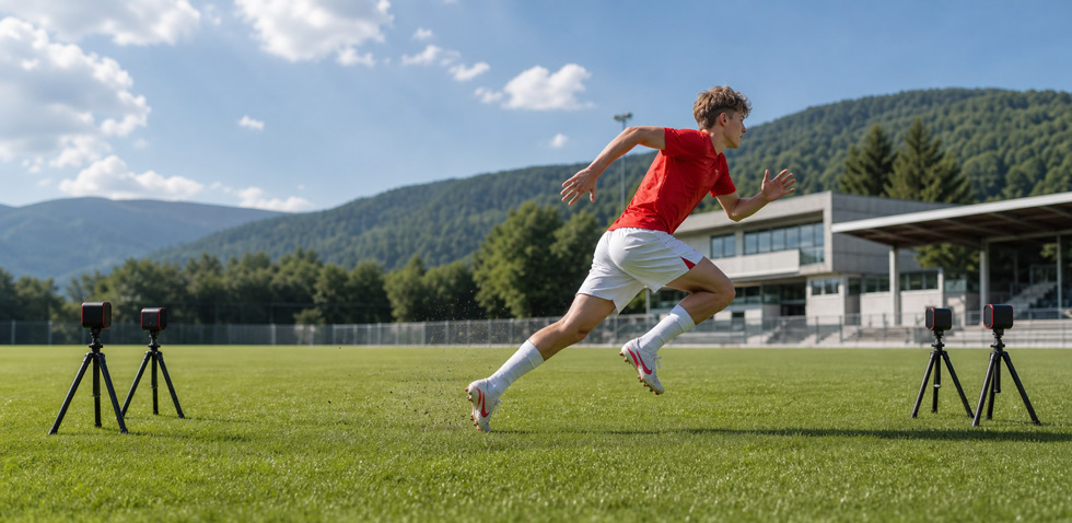 Fußballer beim 10-Meter-Sprint zwischen zwei Lichtschranken
