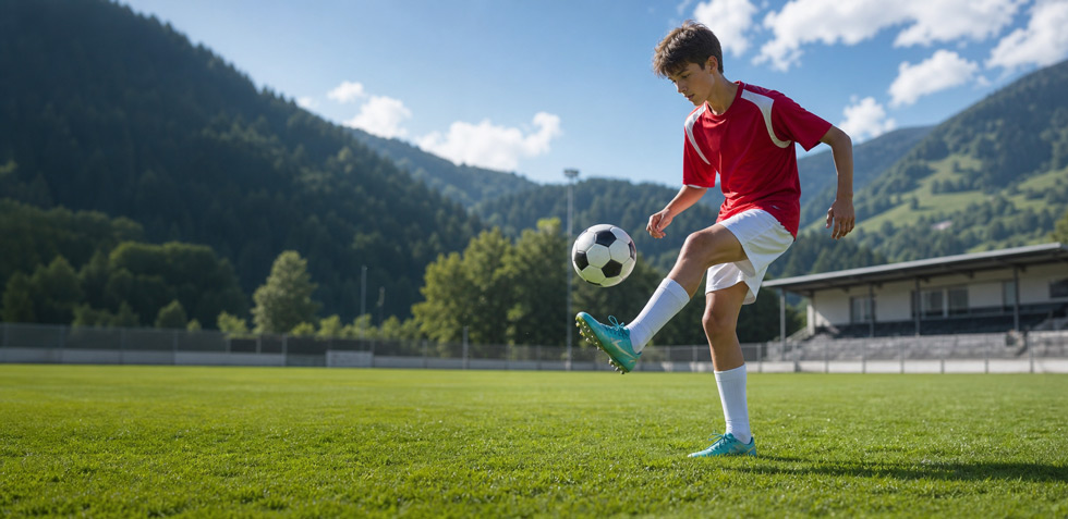 Kind beim Gaberln mit einem Fußball