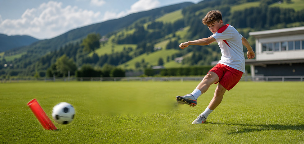 Fußballübung bei der eine Pilone getroffen werden soll