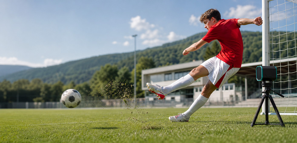 Fußballer bei der Messung der Schussgeschwindigkeit